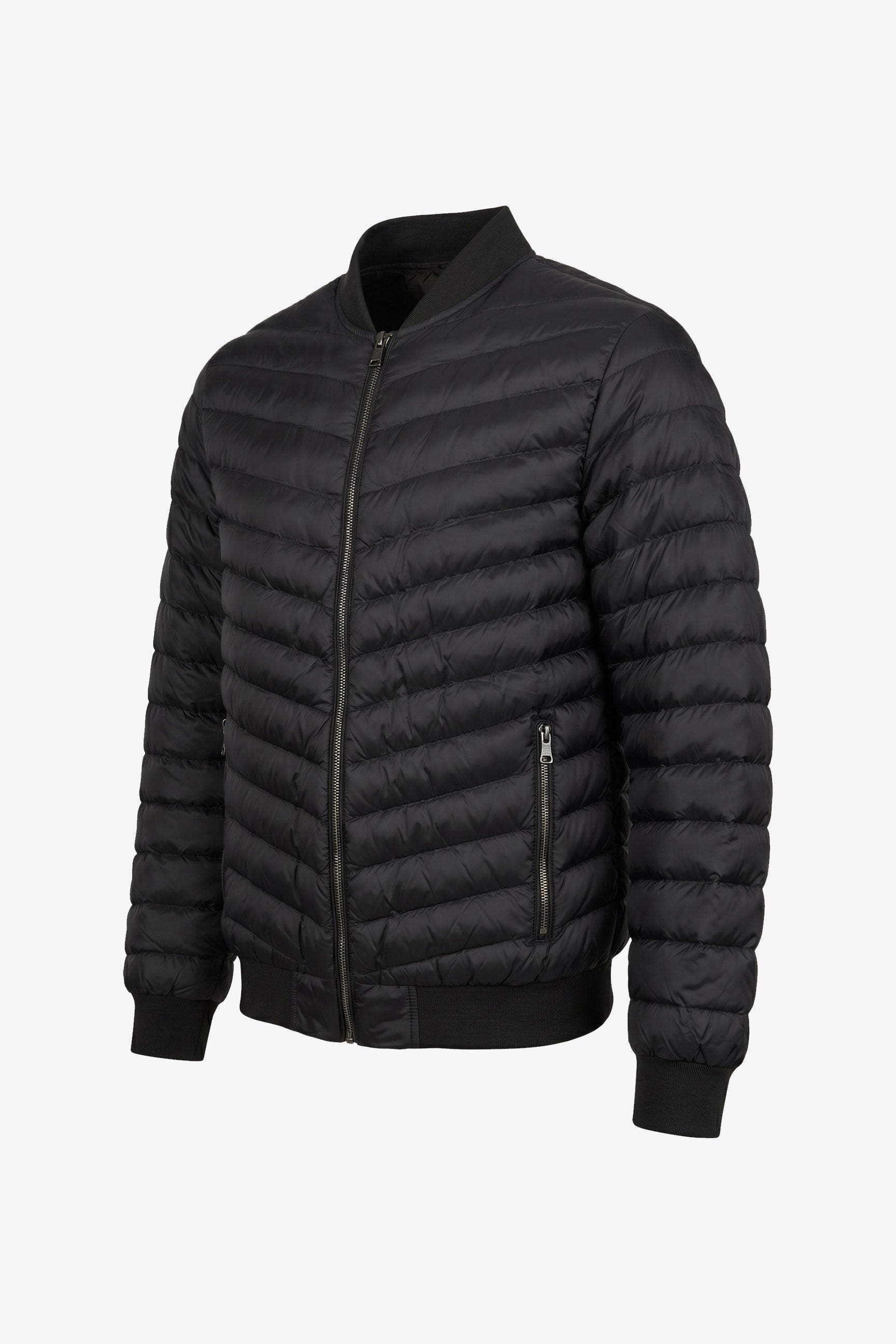 Giacca bomber da uomo nera trapuntata, leggera, imbottita e con cerniera.