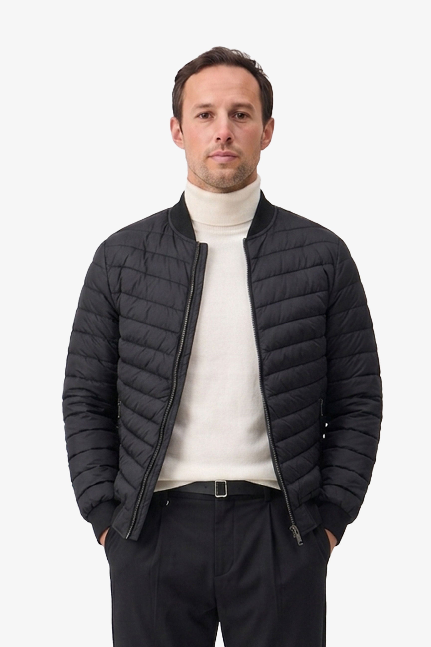 Giacca bomber da uomo nera trapuntata, leggera, imbottita e con cerniera.