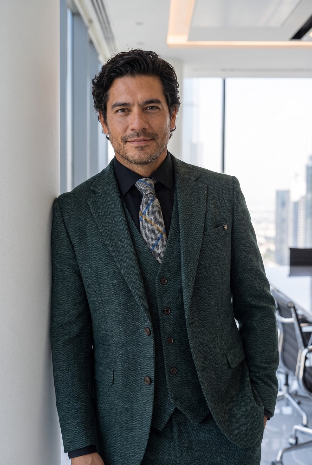 Look #976 styled with Thomas - Abito in tweed misto lana verde oliva 3 pezzi