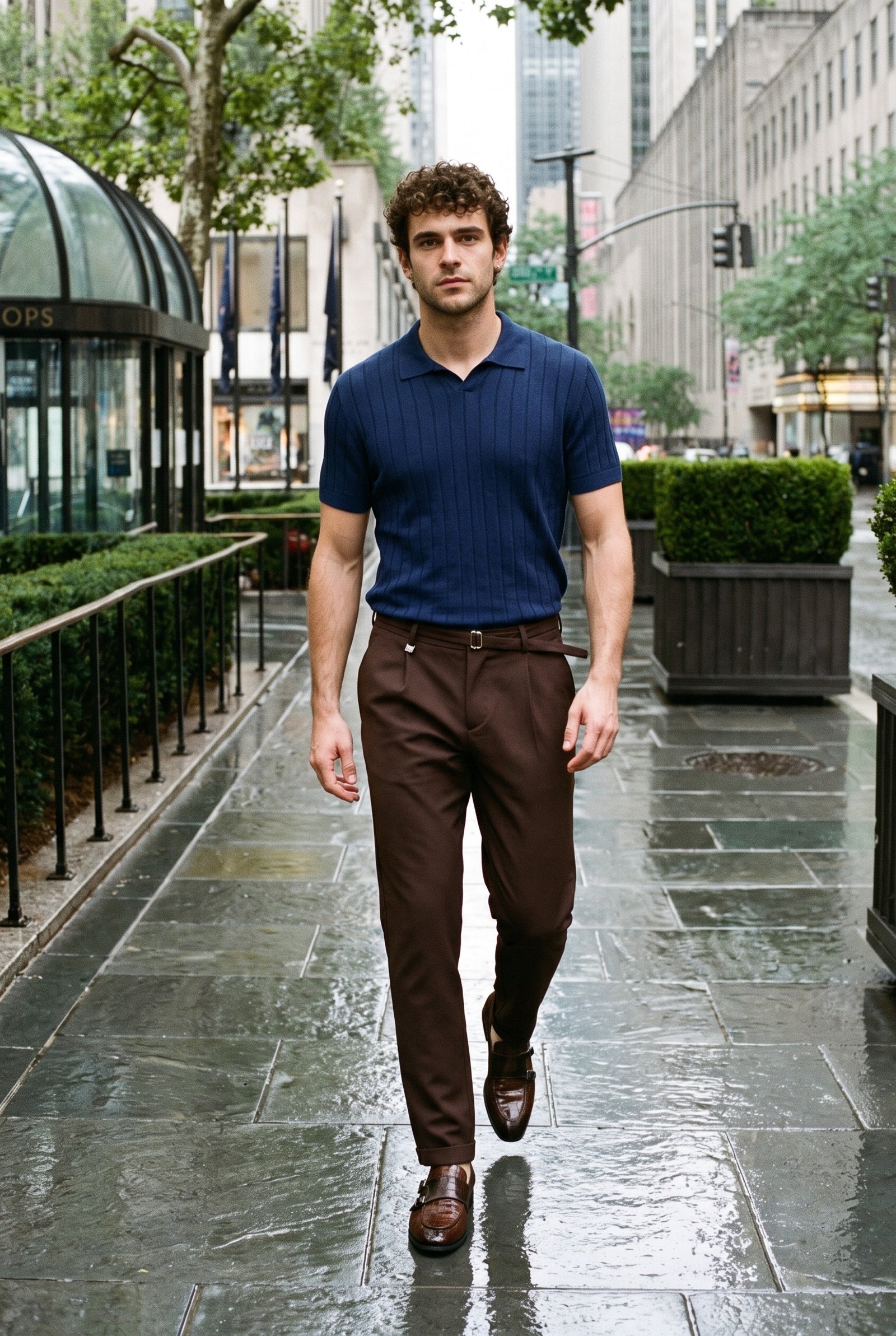 Look #907 styled with Polo da uomo a coste blu navy