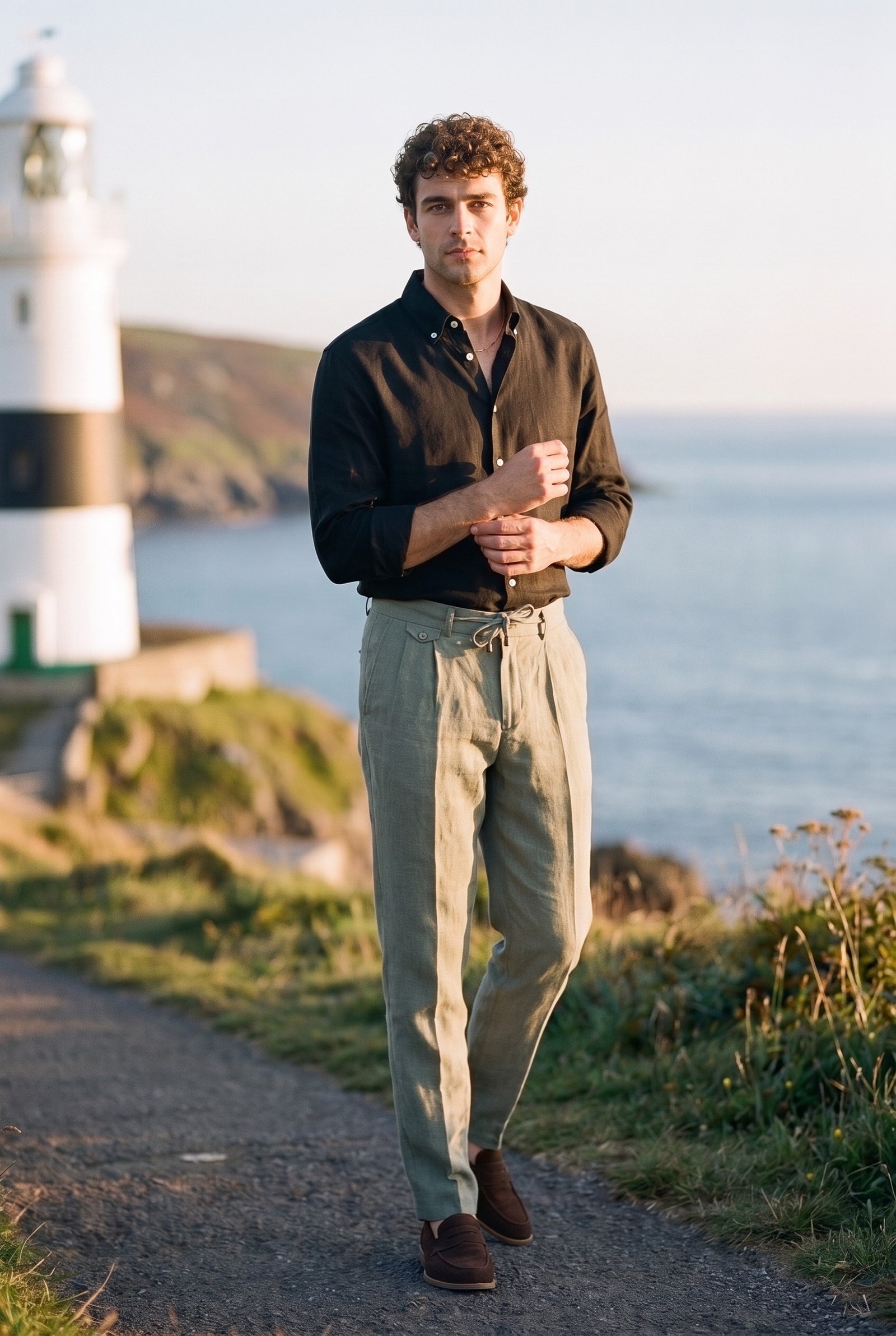 Look #869 styled with Pantaloni da uomo verde salvia in 100% lino, plissettati, con coulisse, vestibilità dritta e rilassata.