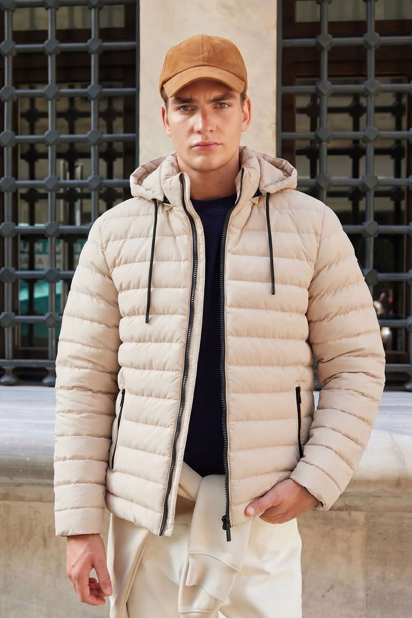 Giacca imbottita da uomo beige con cappuccio, leggera, trapuntata, con cerniera.