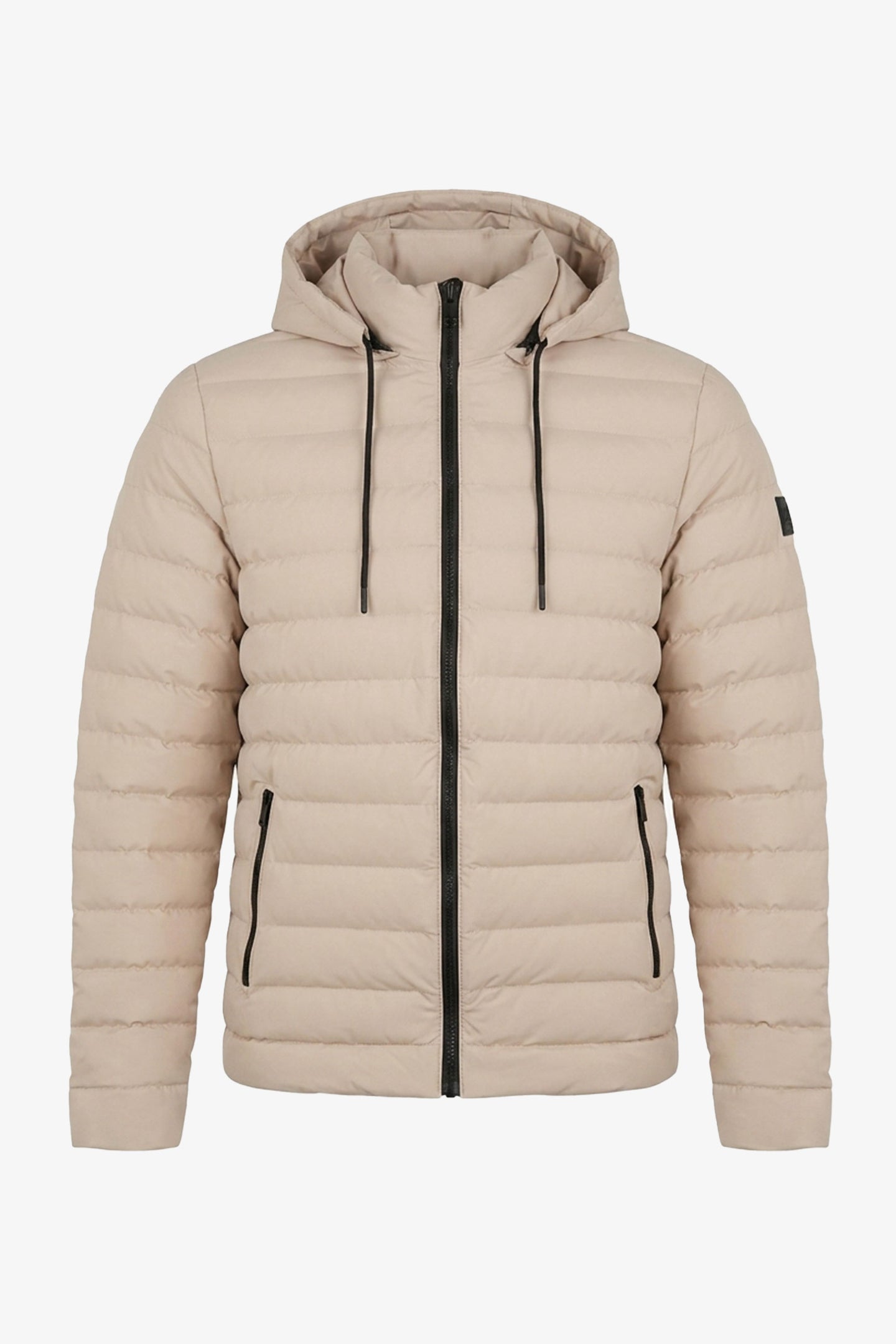 Giacca imbottita da uomo beige con cappuccio, leggera, trapuntata, con cerniera.