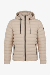 Giacca imbottita da uomo beige con cappuccio, leggera, trapuntata, con cerniera.