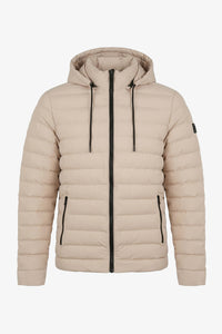 Giacca imbottita da uomo beige con cappuccio, leggera, trapuntata, con cerniera.
