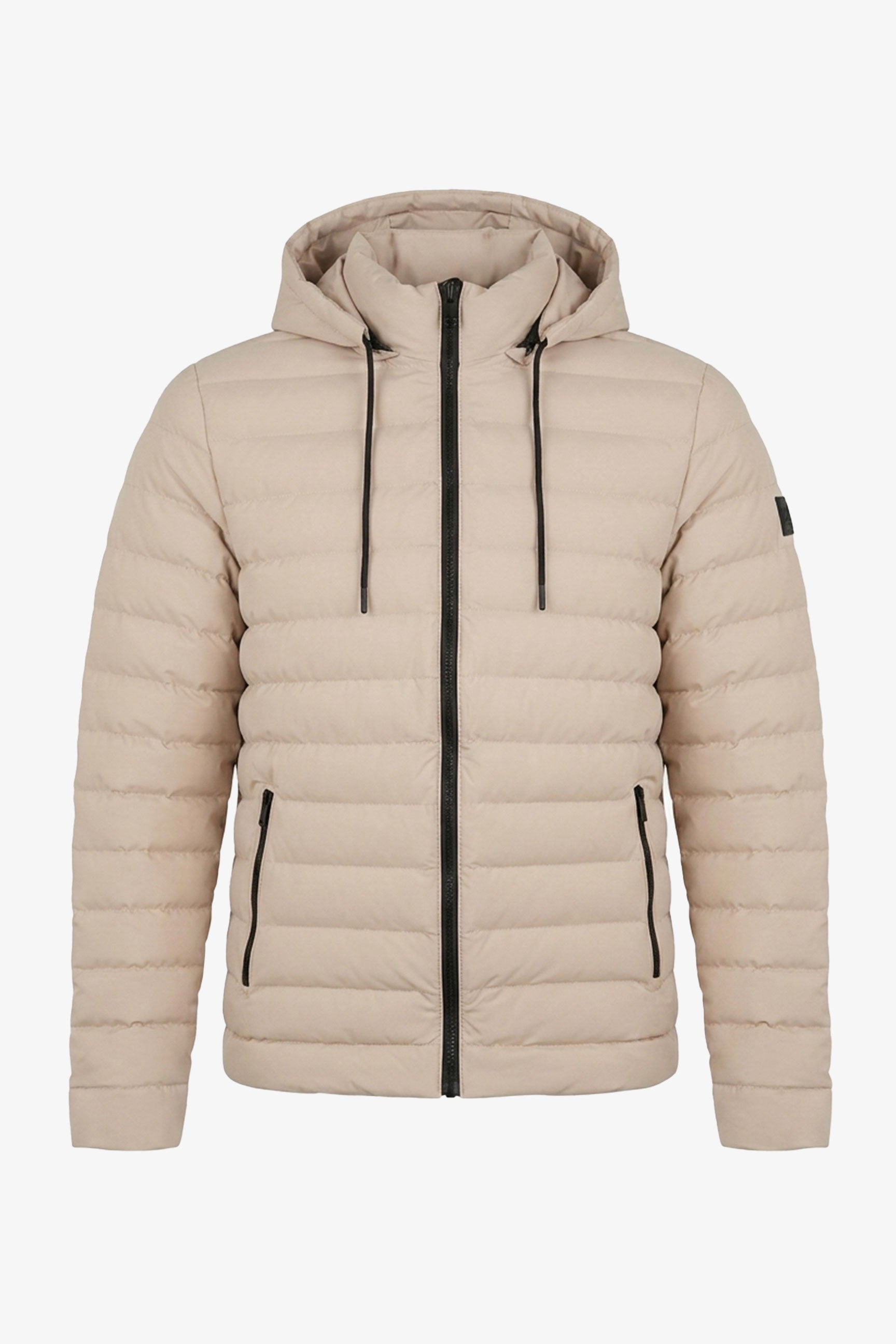 Giacca imbottita da uomo beige con cappuccio, leggera, trapuntata, con cerniera.