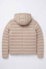 Giacca imbottita da uomo beige con cappuccio, leggera, trapuntata, con cerniera.