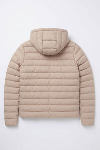 Giacca imbottita da uomo beige con cappuccio, leggera, trapuntata, con cerniera.