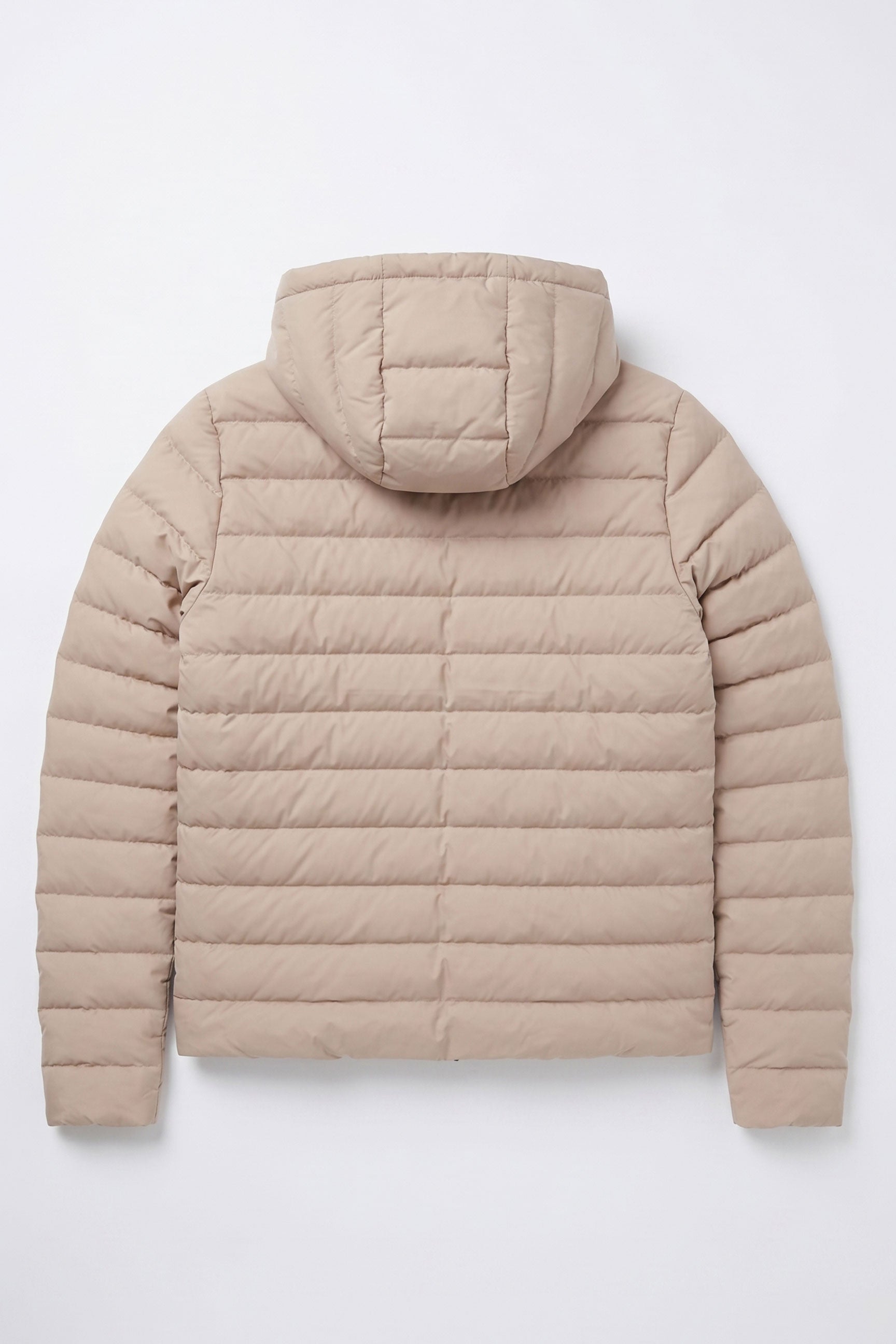 Giacca imbottita da uomo beige con cappuccio, leggera, trapuntata, con cerniera.