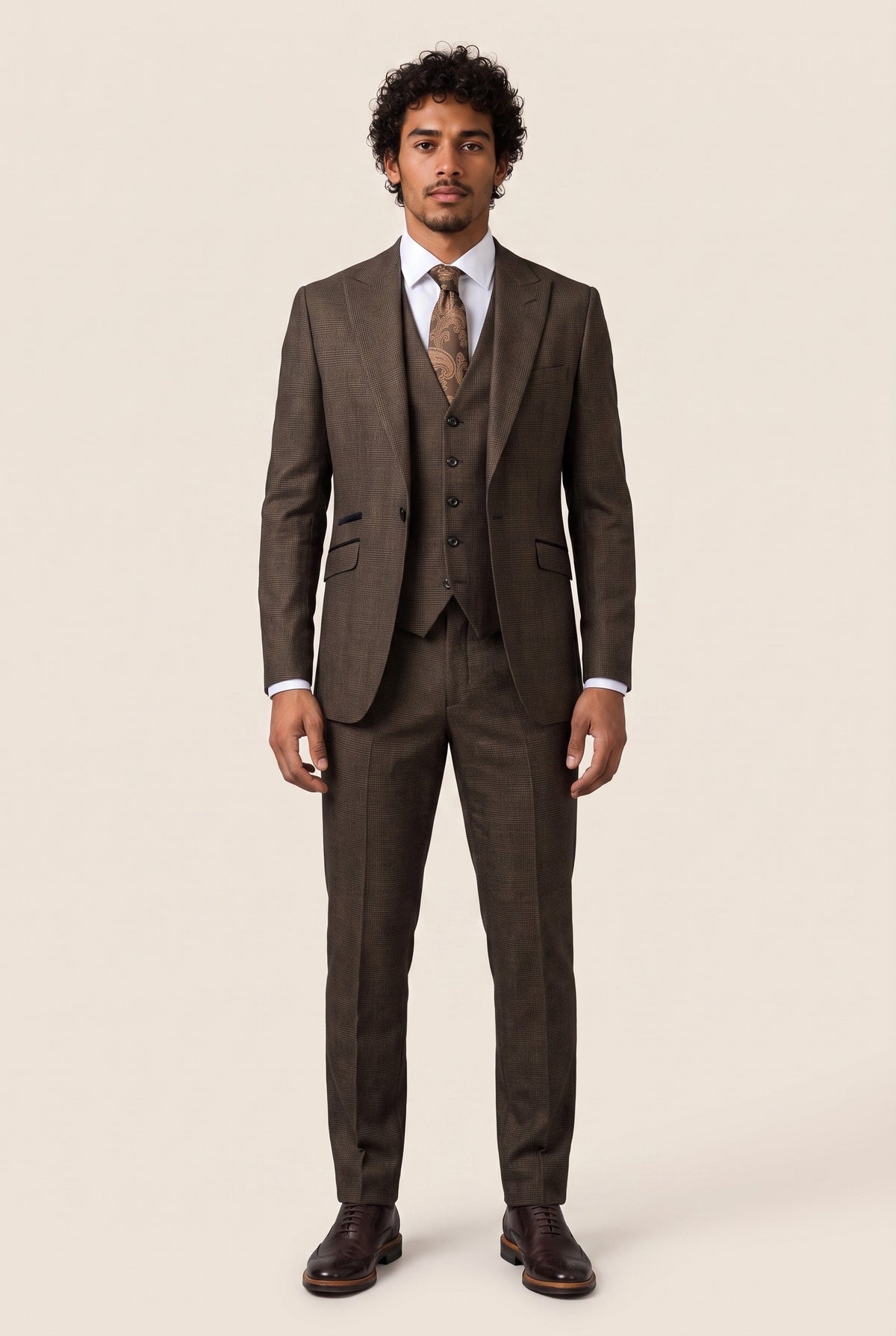 Look #1004 styled with Abito da uomo a 3 pezzi a quadri in tweed nero marrone su misura per matrimonio Peaky Classic