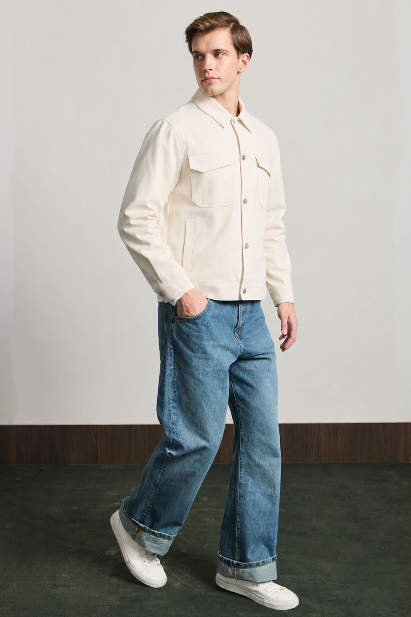 Giacca da uomo in twill di cotone beige - modello trucker