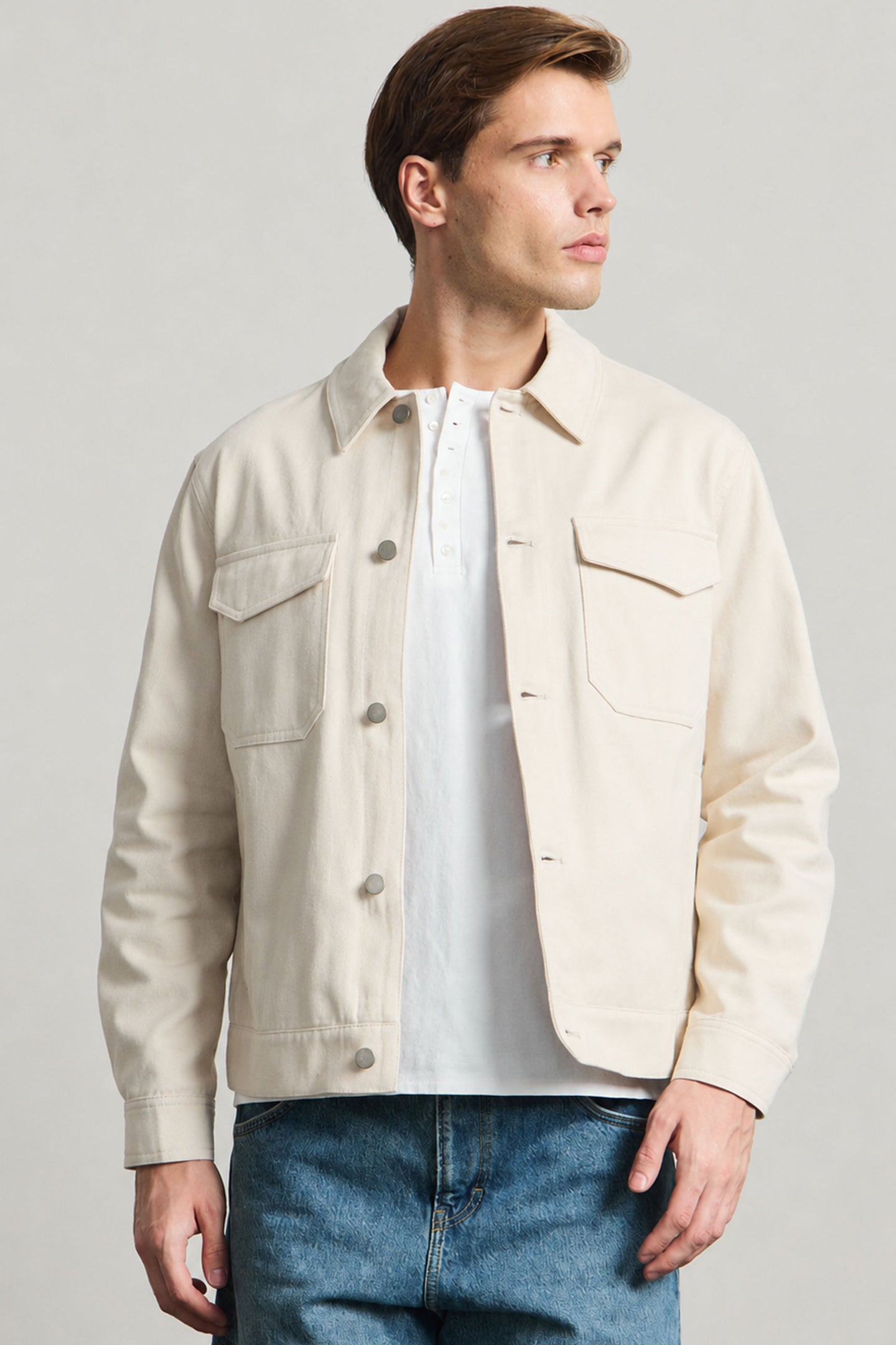 Giacca da uomo in twill di cotone beige - modello trucker