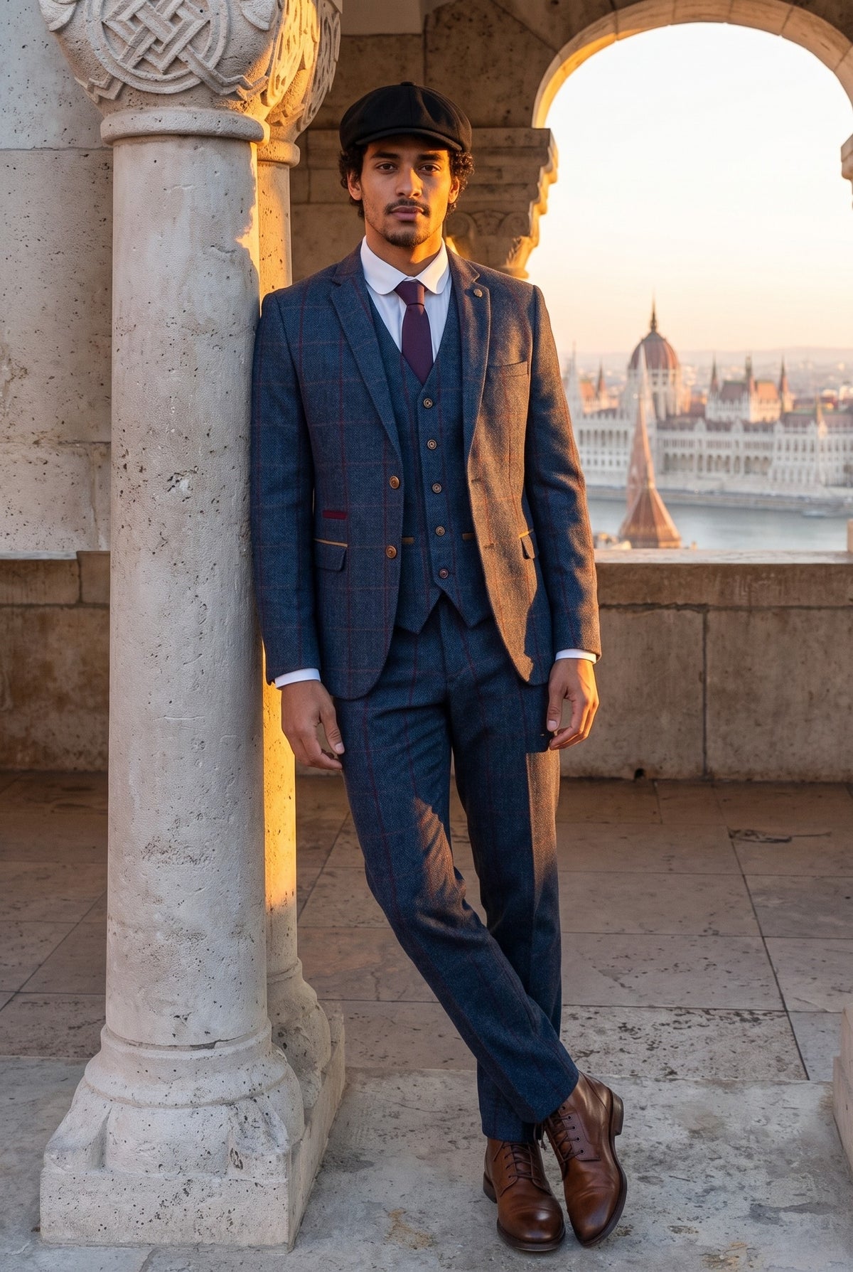 Look #553 styled with Abito da uomo in tweed a spina di pesce, 3 pezzi, blu navy e rosso a quadri, stile vintage anni '20, vestibilità su misura
