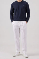Felpa da uomo blu navy in misto cotone, girocollo, maniche lunghe, elasticizzata.