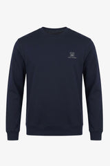 Felpa da uomo blu navy in misto cotone, girocollo, maniche lunghe, elasticizzata.