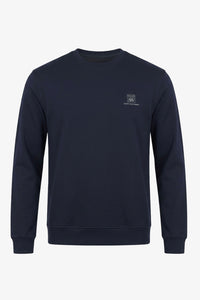 Felpa da uomo blu navy in misto cotone, girocollo, maniche lunghe, elasticizzata.