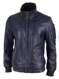 Real Leather Autumn Jacket with High Neck for Mens - Navy Color