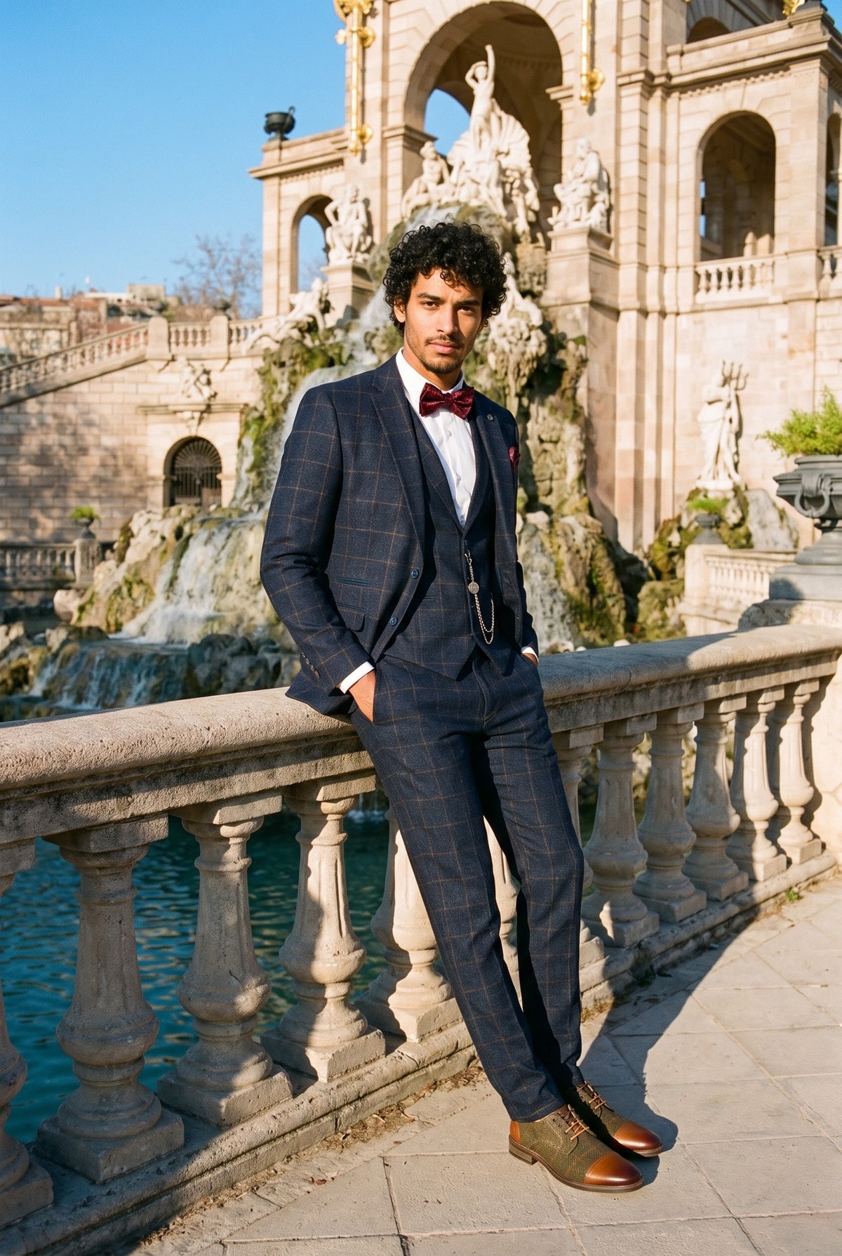 Look #728 styled with Abito da uomo 3 pezzi in tweed di lana blu navy e marrone a quadri stile Gatsby anni '20