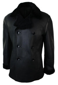 Mens Real Shearling German Navy Sheepskin Double Breasted Jacket Black Fitted