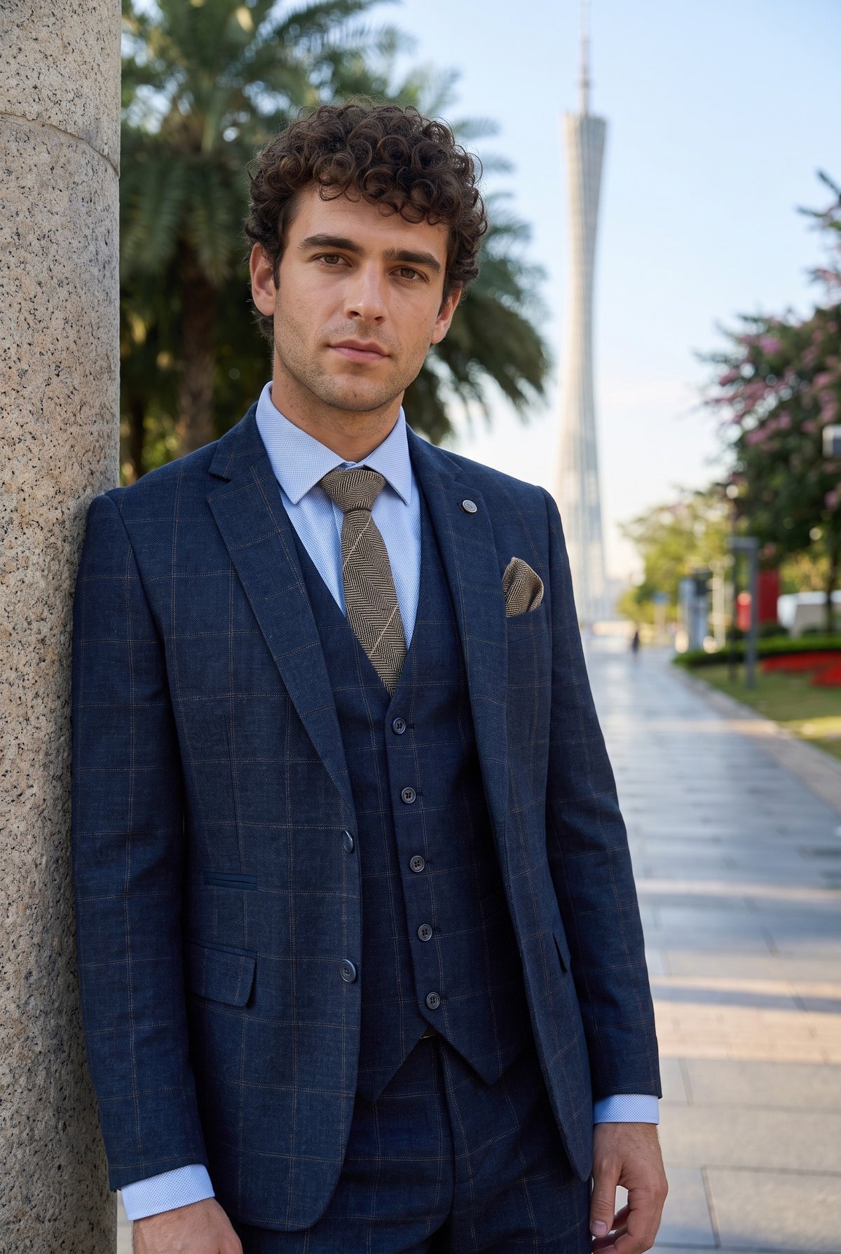Look #729 styled with Abito da uomo 3 pezzi in tweed di lana blu navy e marrone a quadri stile Gatsby anni '20