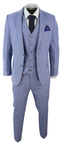 Men's Blue 3 Piece Linen Suit