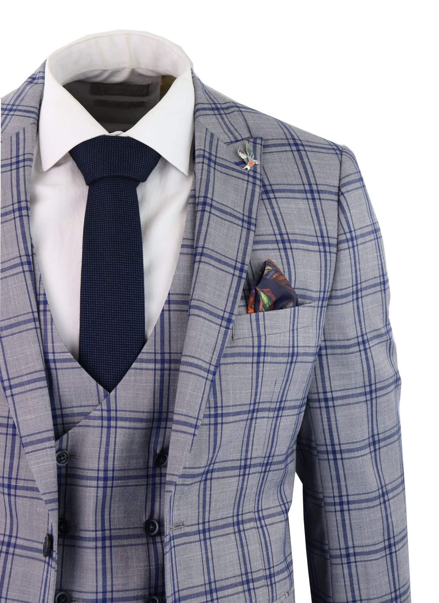 Men's Grey Blue Check 3 Piece Suit