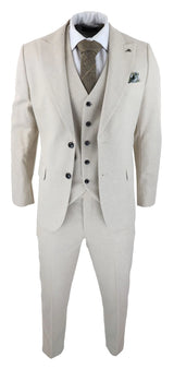 Mens Wool 3 Piece Cream Beige Suit Slim Fit Classic Wedding Party Vintage 1920s