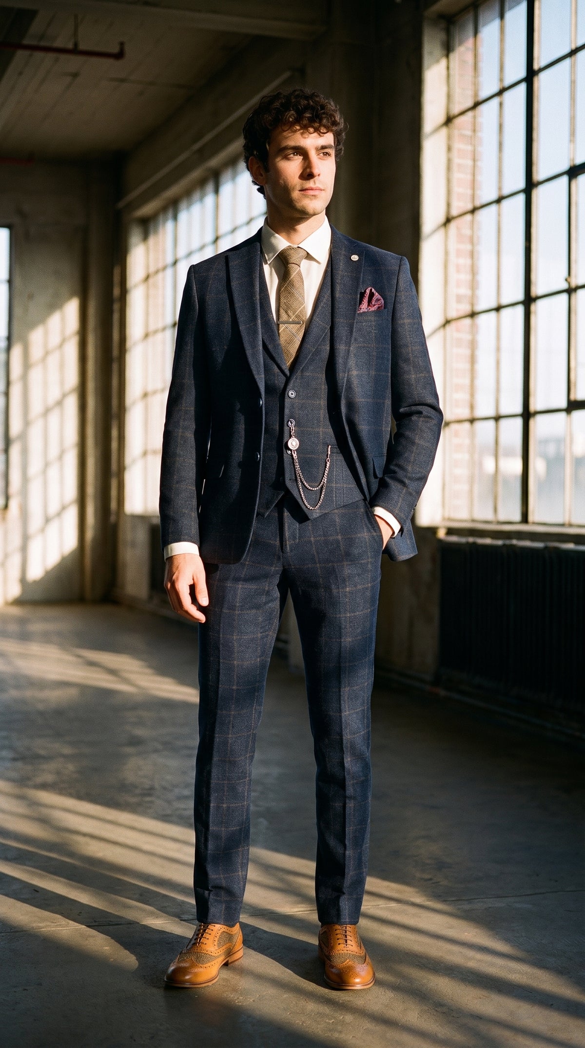Look #725 styled with Abito da uomo 3 pezzi in tweed di lana blu navy e marrone a quadri stile Gatsby anni '20