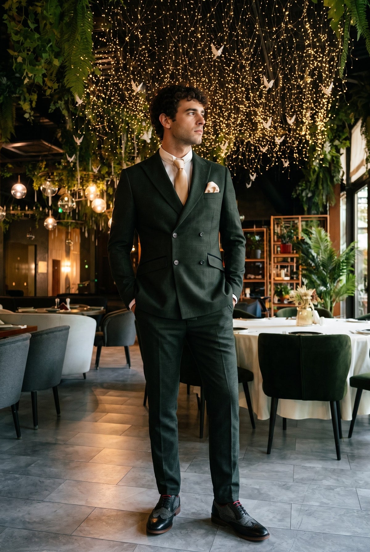 Look #784 styled with Caridi - Abito doppiopetto da uomo, 2 pezzi, verde oliva