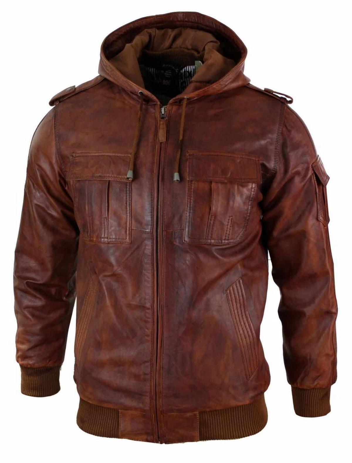Mens Real Leather Hood Bomber Jacket Tan Timber Brown Washed Vintage Quilted