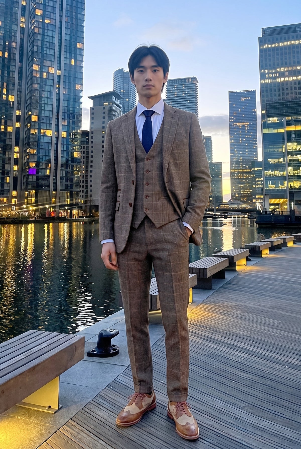Look #536 styled with Harris - Abito da uomo in tweed a spina di pesce marrone, 3 pezzi