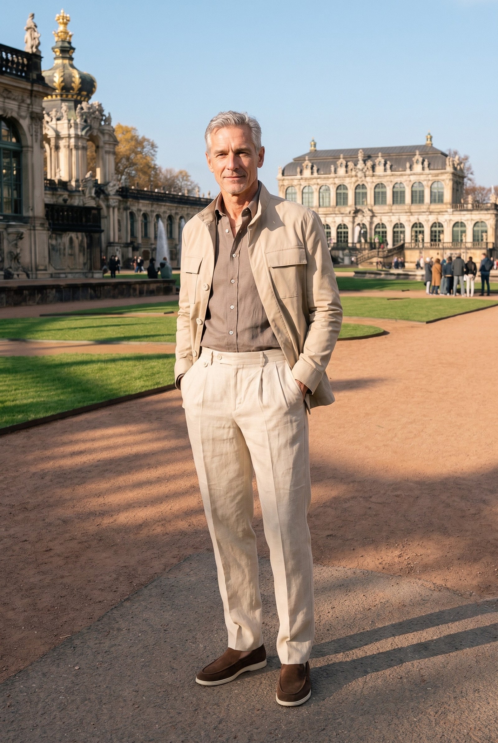 Look #871 styled with Camicia da uomo in puro lino marrone chiaro, a maniche lunghe, con bottoni, ideale per l'estate.