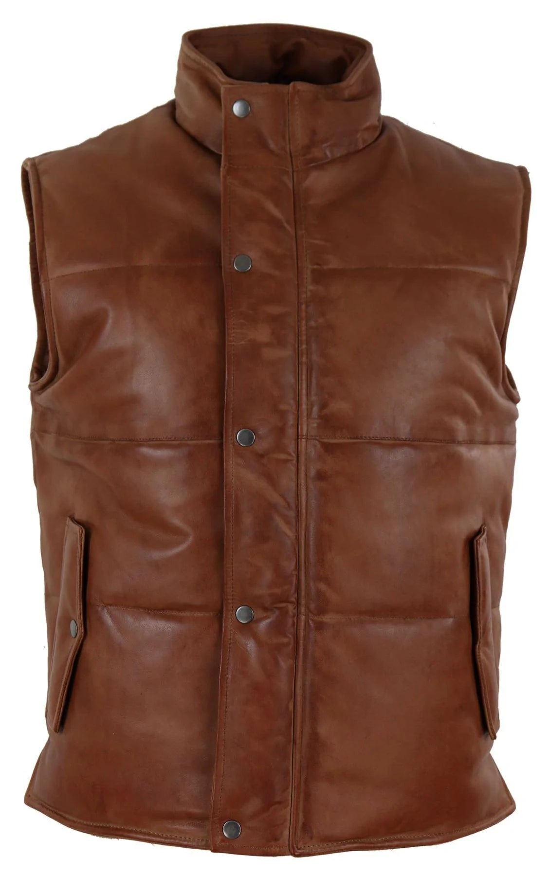 Mens Real Leather Waistcoat Gilet Quilted Puffer Design Warm Zip Casual Tan
