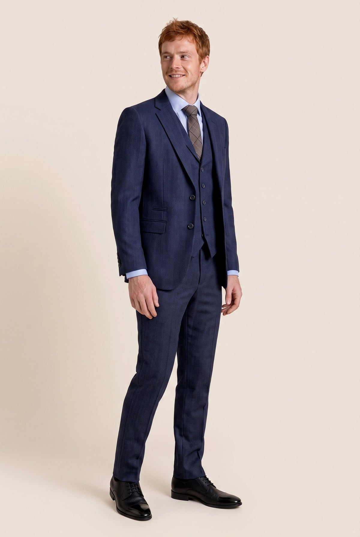 Look #987 styled with Abito da uomo in tweed a spina di pesce blu navy, 3 pezzi
