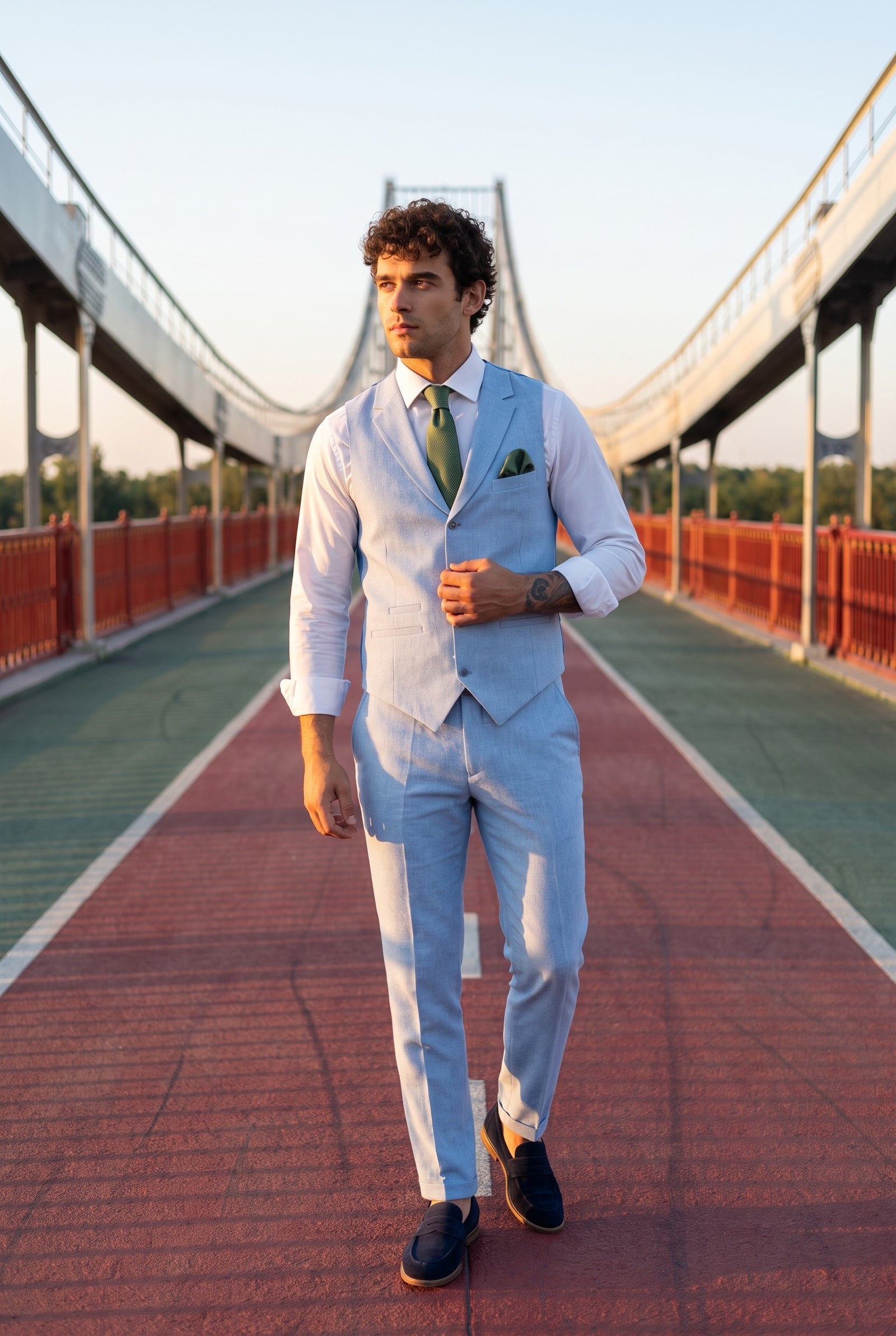 Look #886 styled with TP-13 - Abito estivo da uomo con gilet e pantaloni in lino, formale, azzurro cielo, da sposa