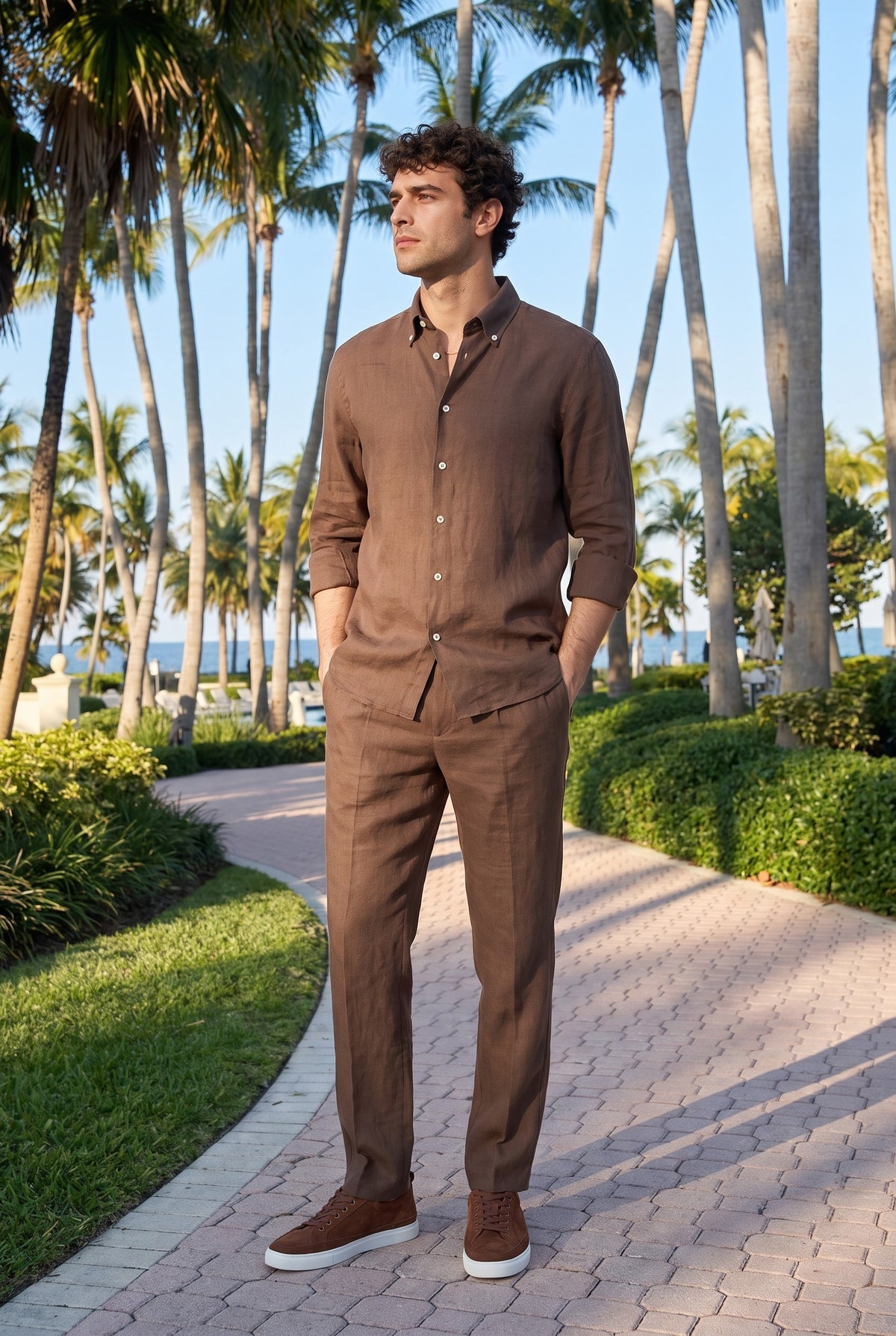 Look #872 styled with Camicia da uomo in puro lino marrone scuro, a maniche lunghe, con bottoni, ideale per l'estate.
