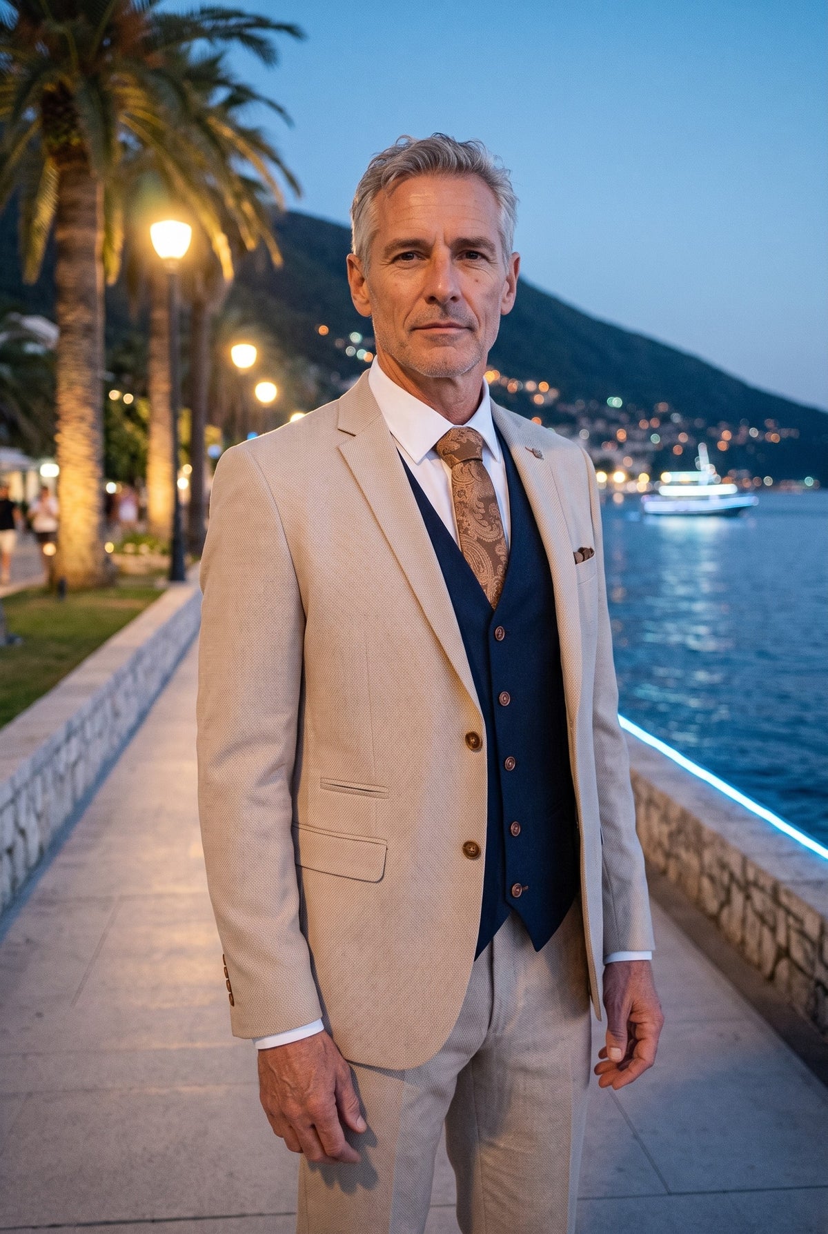 Look #944 styled with Mayfair - Abito da uomo 3 pezzi color crema con gilet blu navy