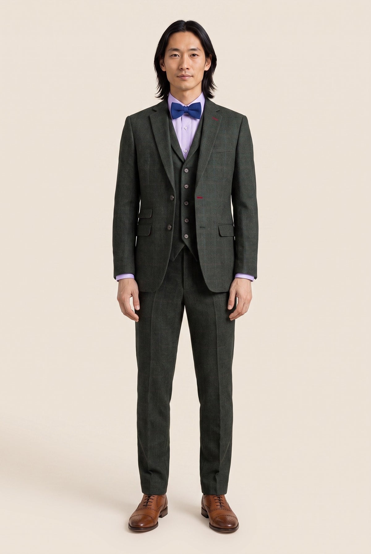 Look #1003 styled with Abito da uomo Joshua in tweed verde slim fit, 3 pezzi