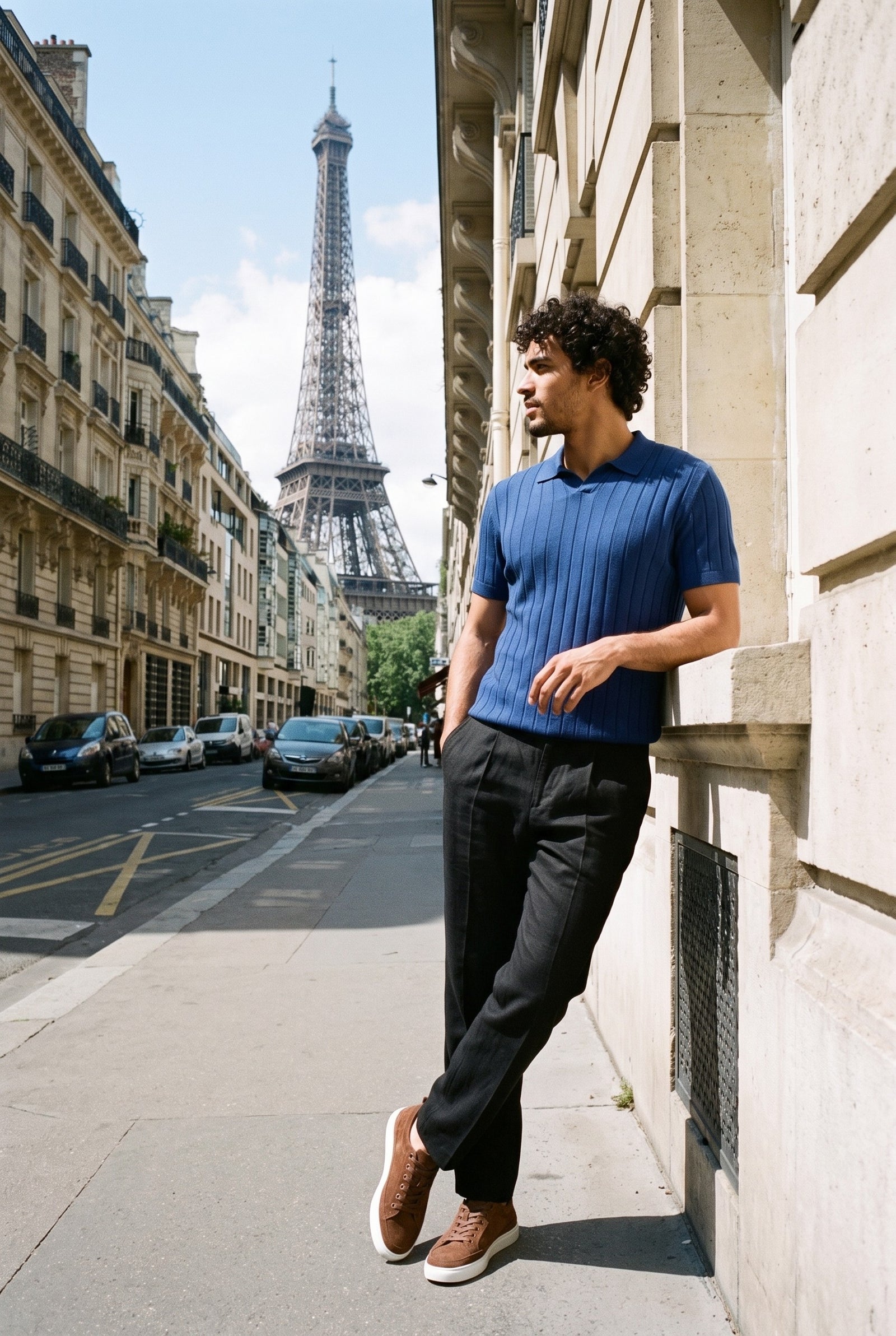 Look #888 styled with Polo da uomo a coste blu navy