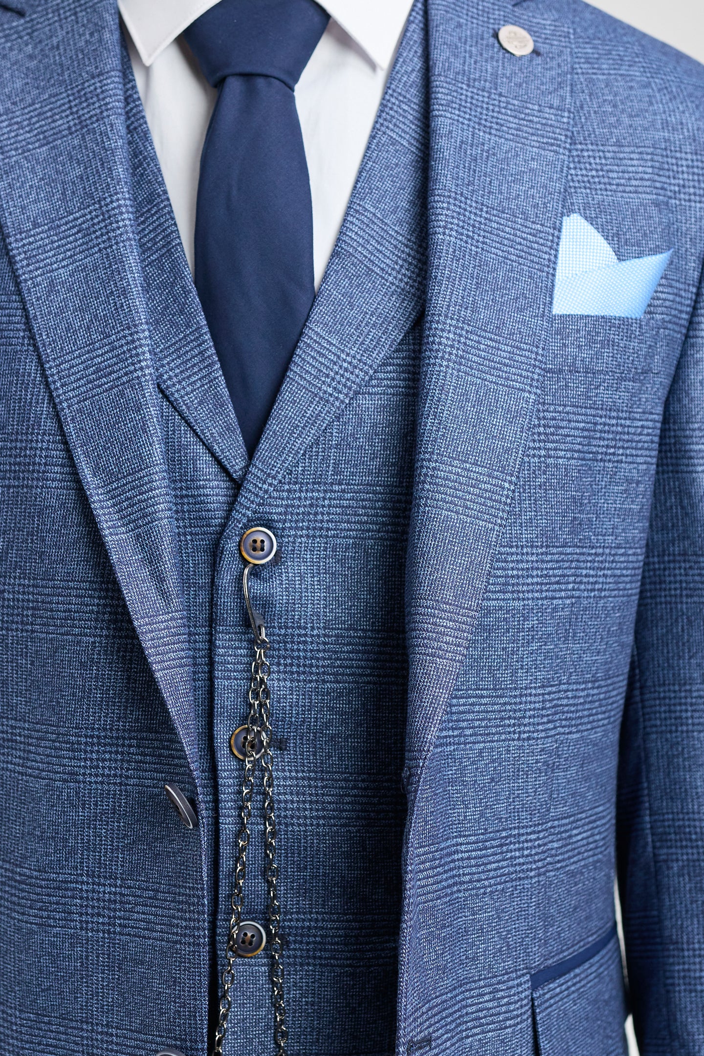 Abito da uomo AK-09 in 3 pezzi, su misura, con motivo a quadri blu Principe di Galles