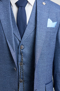 Abito da uomo AK-09 in 3 pezzi, su misura, con motivo a quadri blu Principe di Galles