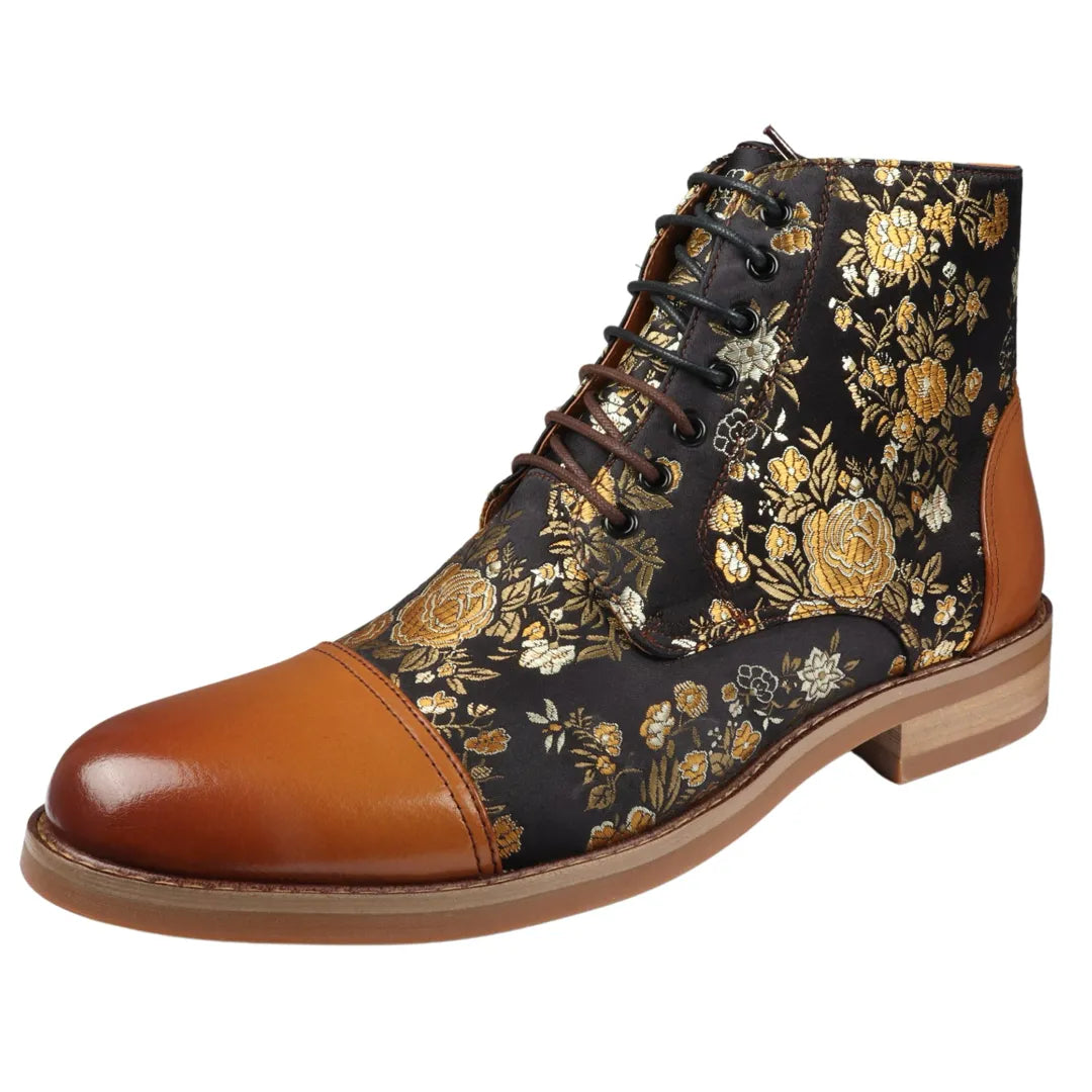 Adan - Men's Floral Print Leather Oxford Ankle Brown Boots