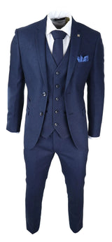 Mens Navy Blue 3 Piece Suit Birdseye Suit Wedding Prom Formal Smart Classic