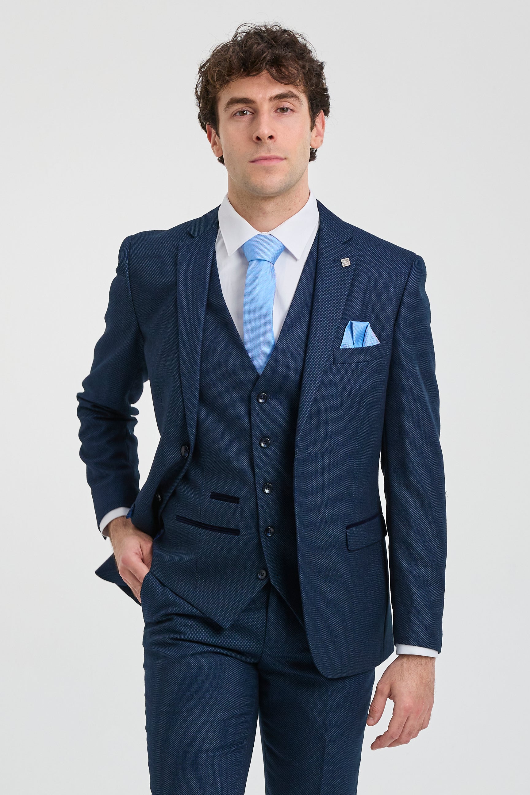 Abito da uomo blu navy a 3 pezzi, modello Birdseye, da cerimonia, da ballo, formale, elegante, classico