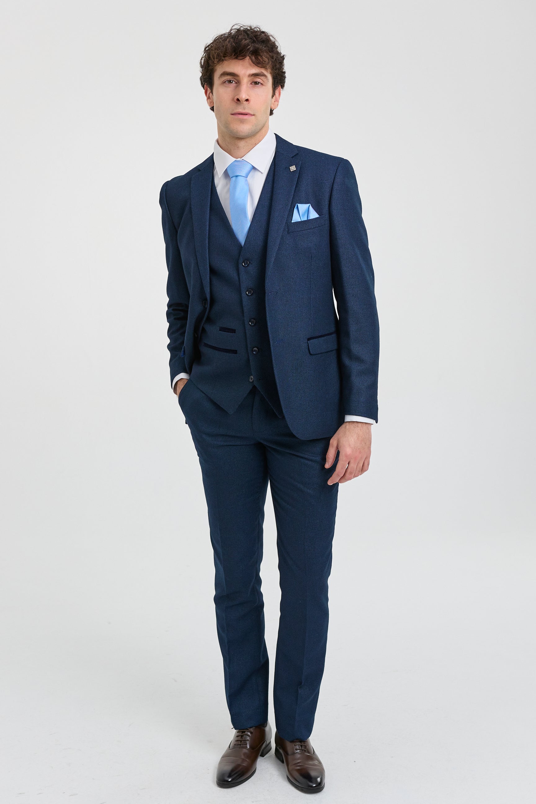 Abito da uomo blu navy a 3 pezzi, modello Birdseye, da cerimonia, da ballo, formale, elegante, classico