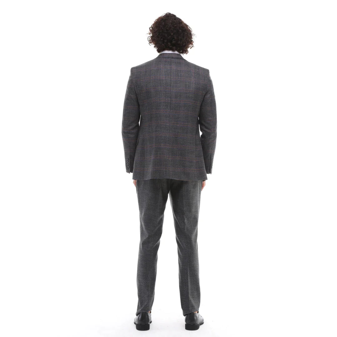 Mens 3 Piece Suit Grey Brown Check Tailored Fit Wedding Prom Races