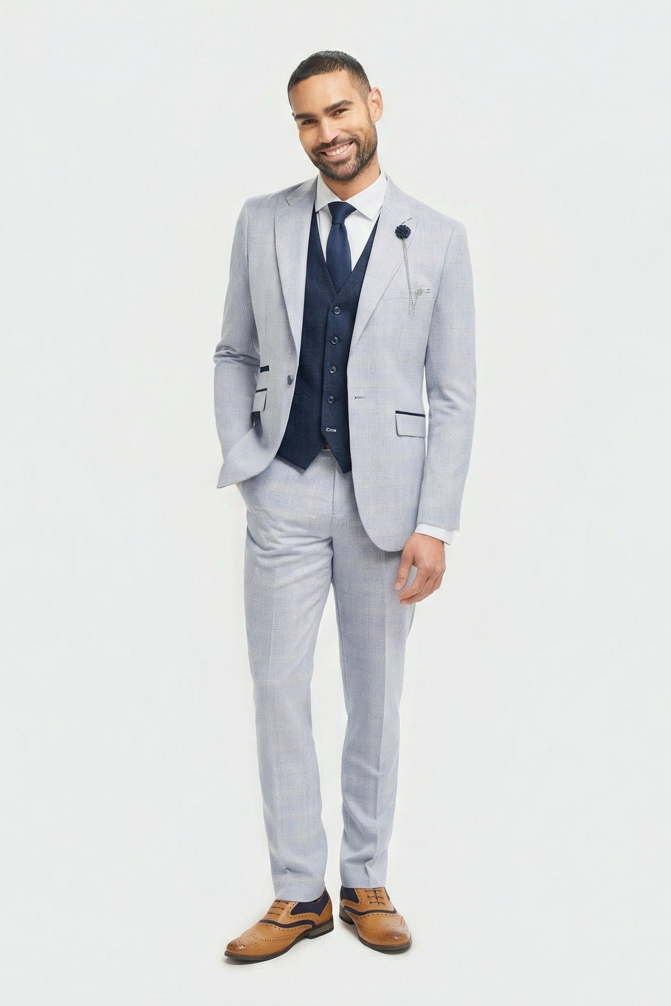 Abito da uomo a 3 pezzi in principe di Galles azzurro a quadri con gilet blu navy