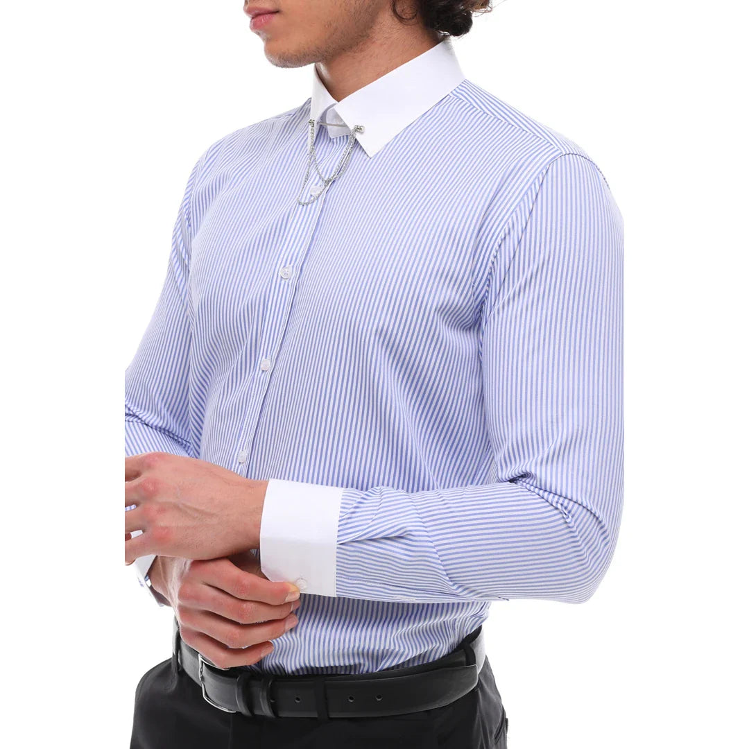 Men's Stripe Button Down Poplin Shirt With Bar & Chain Formal Classic