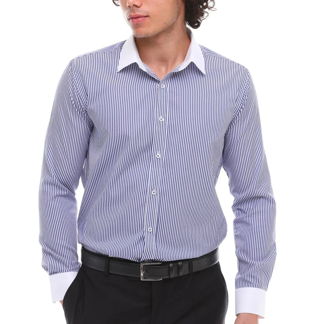 Men's Button Down Stripe Dress Shirt Formal Classic Collar - Blue