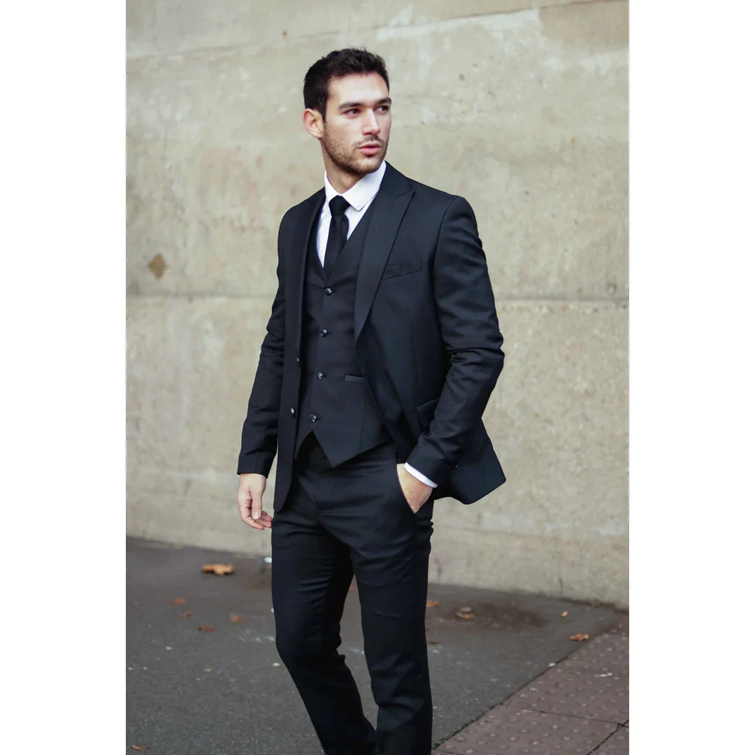 IM1 Men's Classic Black Plain Tailored Fit 3-Piece Suit